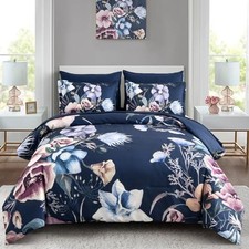 Floral Comforter Set Queen Size 7 Piece, Navy Flower Bed in a Bag, Elegant