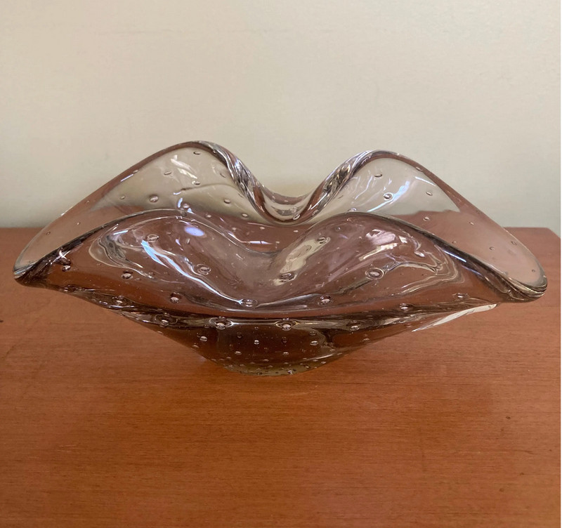 Vintage Murano Controlled Bubble Art Glass Handblown Folded Leaf Dish