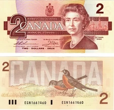 1986 Canada Bank P94  2$ Dollars Thiessen & Crow Banknote UNC
