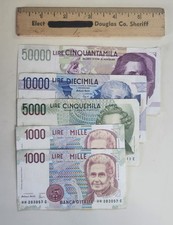 Italy Lire Banknotes 1000, 5000, 10,000 & 50,000 1980s-1990s Group Of Five (5)