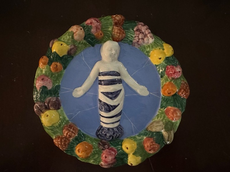 Antique Italian Della Robia Baby Jesus Hand Painted Pottery Wall Plaque