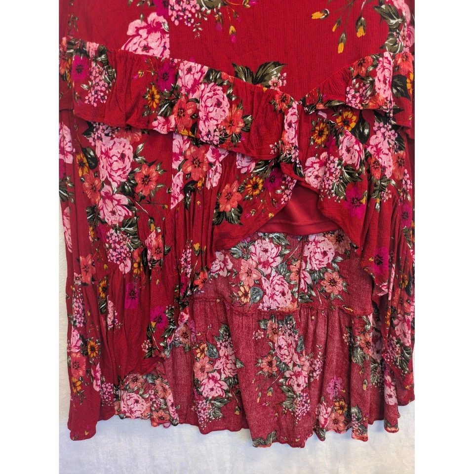 Torrid Floral High Low Ruffle Skirt Plus Size 1 Red Boho Cottagecore - Image 3 of 4