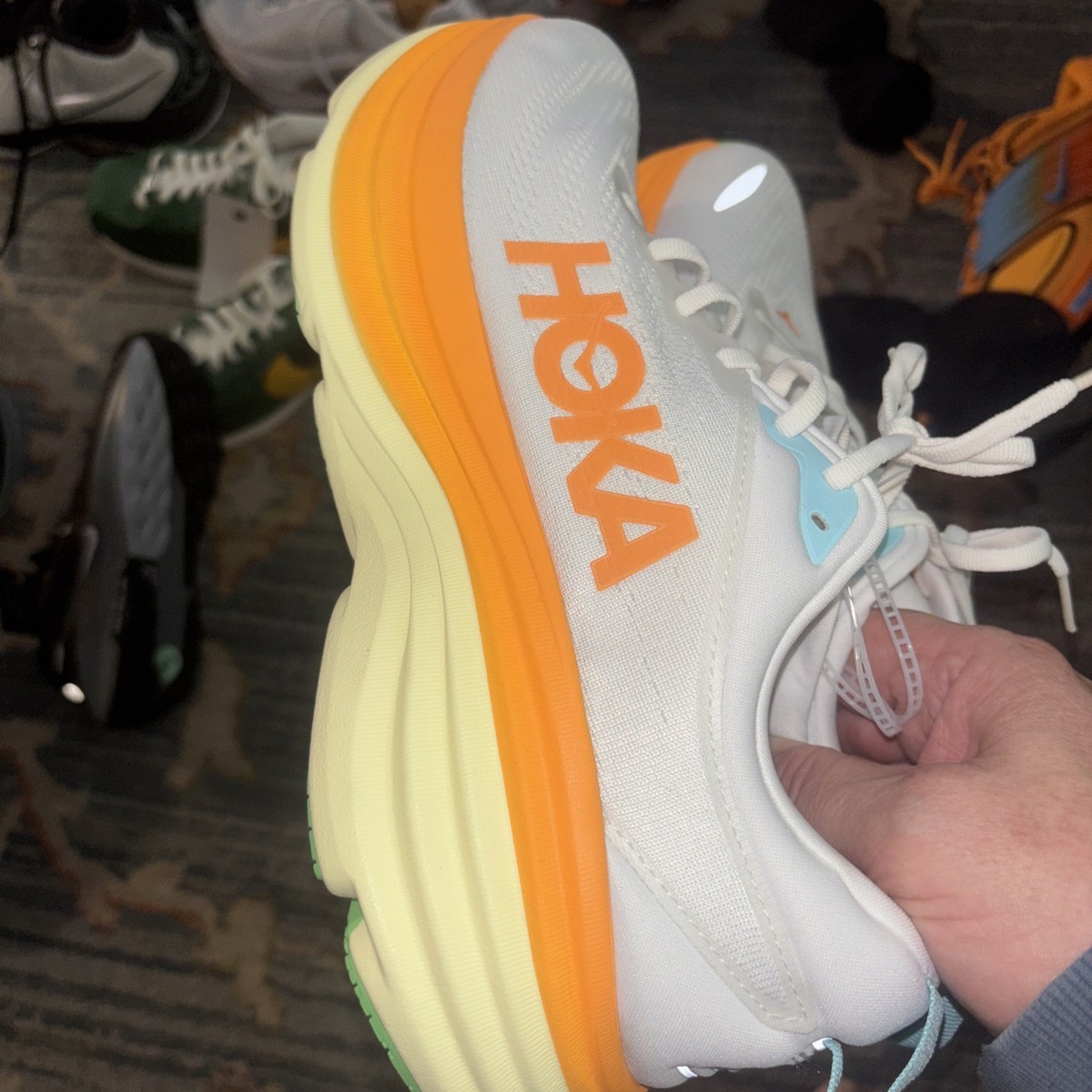 NEW HOKA BONDI 8 BNCS WHITE ORANGE YELLOW MENS SIZE 9 D New  display picture 1