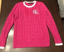 Ralph Lauren PINK CREW NECK CABLE KNIT SWEATER Size M 100 Cotton EUC