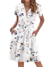 Wedding Guest Dress Short Sleeves V Neck A-Line, Floral White S