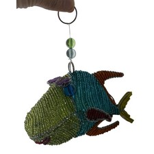 Handmade Beaded Tropical Fish Ornament Wire Frame Multi Color Coastal Folk Art