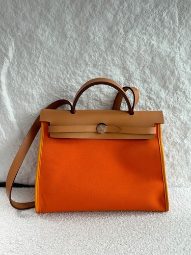 Hermes Herbag Zip 31 Orange Toile Leather Satchel Crossbody Handbag