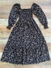 SHEIN Black Floral Smocked Ruffle Puff Sleeve Maxi Dress Square Neck Size M