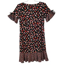 Talbots Size 6 Shift Dress Black Floral Red Pink Women's Bell Short Sleeve 