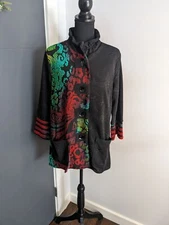 Calessa Patchwork Burnout Wire Collar Long Sleeve Button Front Knit Tunic -PM