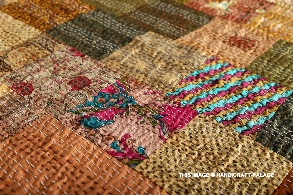 Colcha Kantha vintage retazos india hecha a mano edredón seda tiro queen marrón Foto 4 de 4
