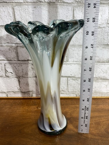Murano Style Butterscotch Blown Art Glass Vase Caramel White Scallop Top 11" H - Picture 20 of 22