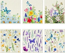 6 Swedish Dishcloths – Reusable Absorbent Kitchen Towels (Wildflower Print)