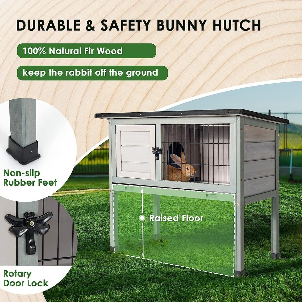 Rabbit Hutch Indoor, Outdoor Rabbit Cage Elevated Wooden Pet House