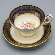 Hammersley Cobalt Blue Rose Footed Cup & Saucer Gold Flowers - FREE USA SHIPPING