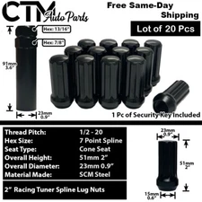 20x Black 2" Tall 1/2-20 Spline Tuner Wheel Lug Nut + Key Fit Ford Models