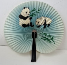 Vtg ASIAN Folding Hand Fan Panda Pandas Metal Handle