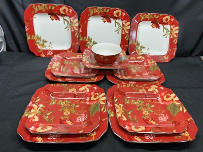 222 Fifth ''FLEUR ROUGE'' 13 Piece Lot ~ Dinner & Salad Plates, Bowl