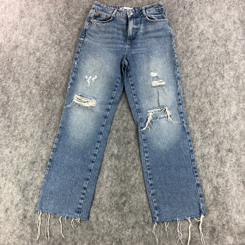 Zara Damen Jeans Größe 4 Blau Straight Cropped High Rise Distressed Fransensaum