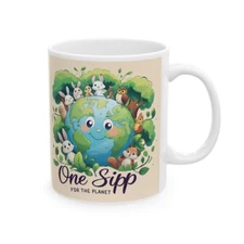 'One Sip for the Planet' Eco-Friendly Ceramic Mug - Nature Illustration 