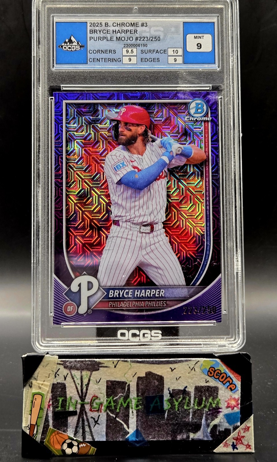 💥2025 Bowman Chrome Bryce Harper SP Purple MOJO Refractor /250 Graded Mint 9!💥