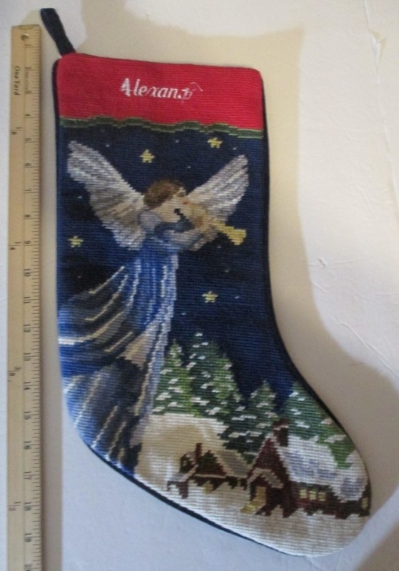 LANDS END Musical Angel Wool Needlepoint Christmas Stocking Flawed Alexan