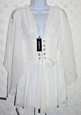 Pretty Little Thing Petite 8 White Chiffon Mini Corset Waist Dress Drape Sleeve