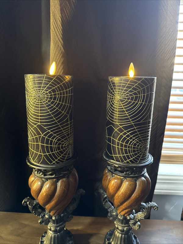 2 Luminara Candles- 6 in Black & Gold Spider Web Flameless Candle Pillar