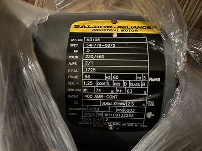 Baldor Reliance 1/2HP 0.5HP AC Motor M3108 230/460V 1725RPM 56 Frame NEW