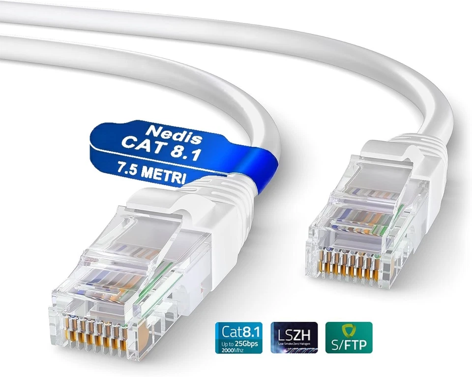 CAVO DI RETE ETHERNET 7,5 METRI 7,5 MT LAN PLUG RJ45 UTP CAT8.1 LAN ROUTER NEDIS