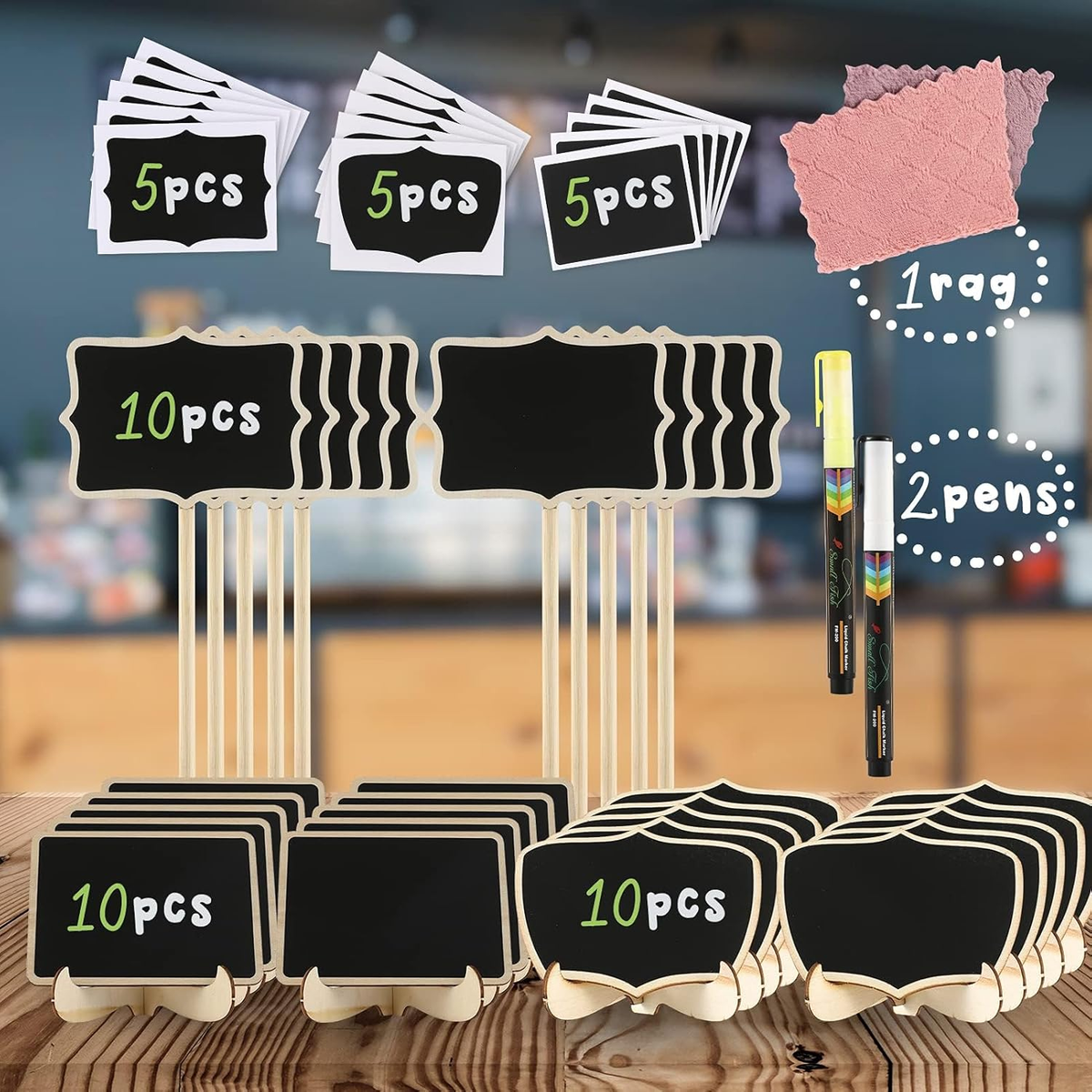 Mini Pizarra, 12 Piezas Doble Cara Pizarra Negra con Soporte de Madera 10 x 7.5cm pizarra tiza pequeña para Buffet Mesa Restaurante Cumpleaños, Bares y Fiestas