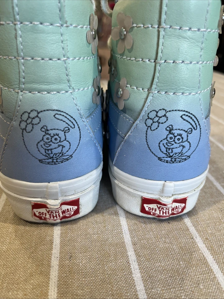 Vans X Sandy Liang Niñas Talla 4 Cuero Azul Verde Bob Esponja Tachonado Flores Foto 3 de 4