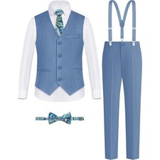 New Boys 5 Piece Suit Set Light Blue Vest Pants Shirt Suspenders Paisley Tie