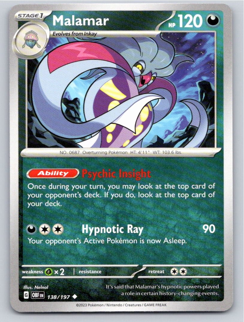 2023 POKEMON MALAMAR OBSIDIAN FLAMES 138/197 UNCOMMON NM A14130 FREE S&H