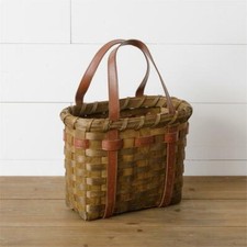 Wood woven Basket with leather Handles