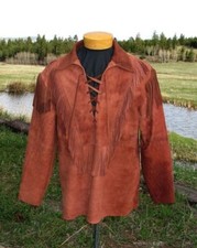 New Men Native American Fringes Mountain Cowboy Suede Red Leather War Shirt