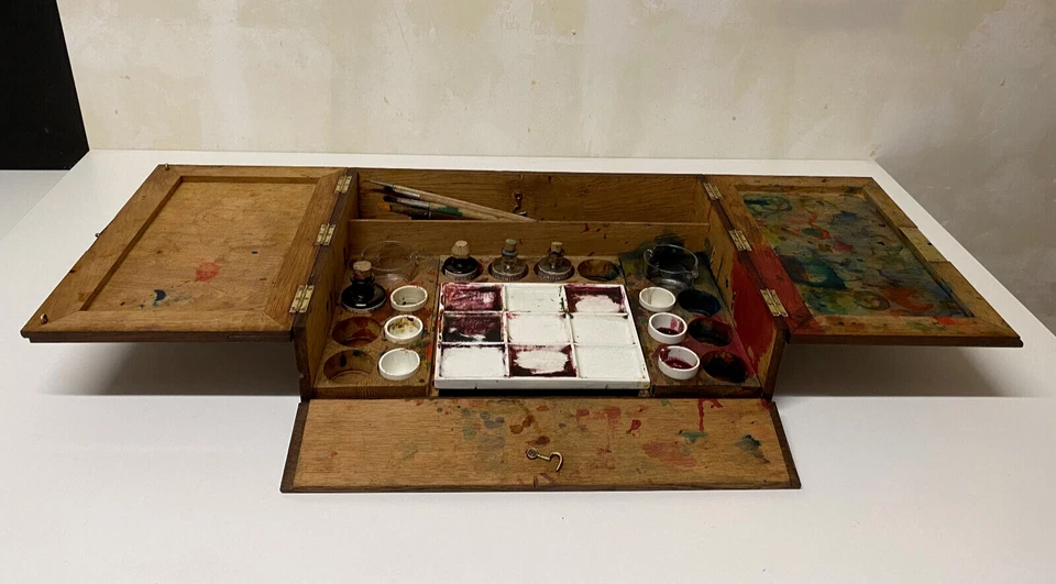 Ancien Coffret en Bois avec Teintures & Nombreux Accessoires - Bourgeois Aîné - Photo 3/4