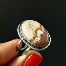 Natural Rhodochrosite Oval Gemstone 925 Sterling Silver Ring Size-8 US