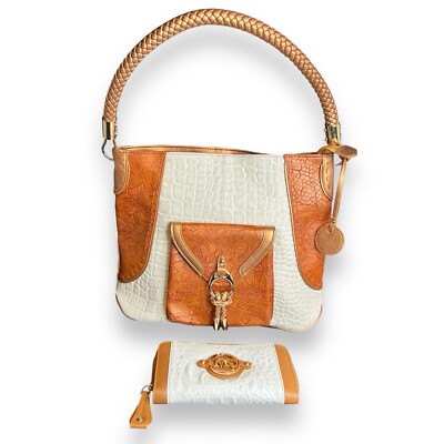 MC Genuine Leather White Brown Leather Handbag Purse Shoulder Bag W/ Wallet 