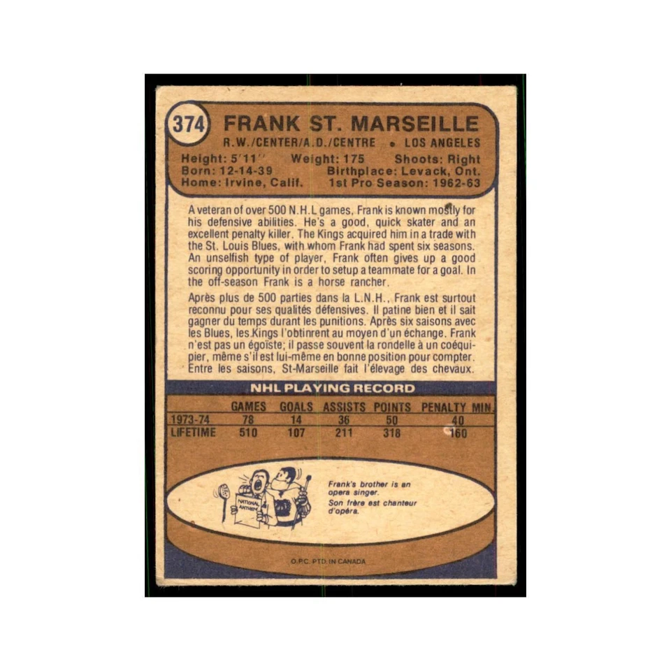 1974 O-Pee-Chee Frank St. Marseille Los Angeles Kings #374 - Image 2 of 3