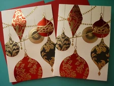 (2) Christmas Greeting Cards For Anyone Embossed Ornaments Glitter Papyrus