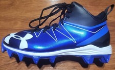 New Youth Under Armour UA Hammer Mid Rm Jr. Football Cleats. Black Blue Sz 2Y