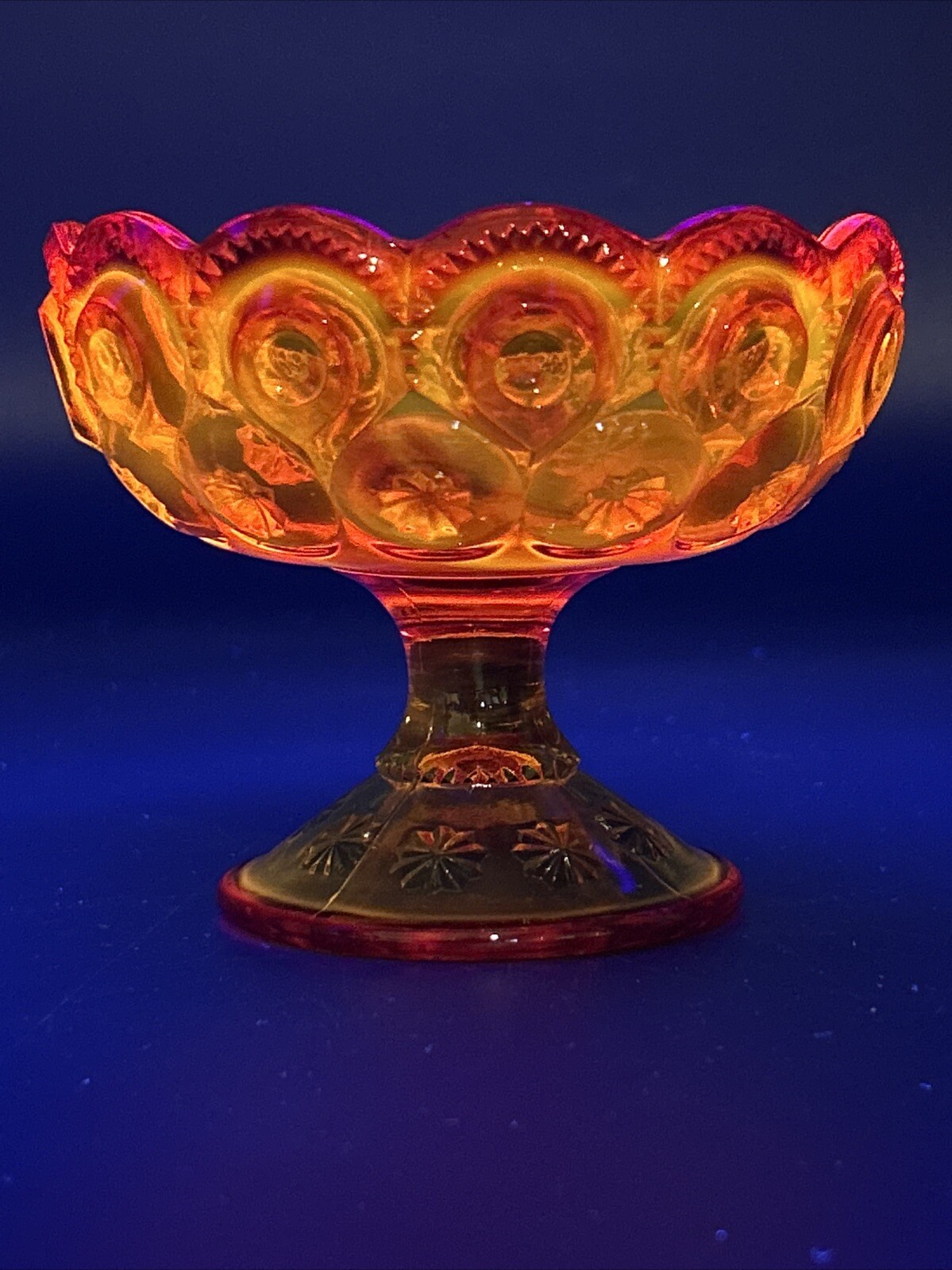 L.E. Smith Moon & Stars Ruby Red & Orange Amberina Candleholder Compote Bowl