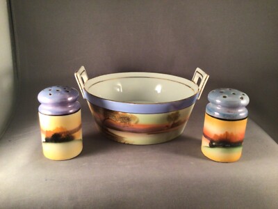 ANTIQUE NORITAKE BUTTER TUB BOWL & SALT PEPPER SHAKERS  TREE HOUSE SUNSET MIJ 