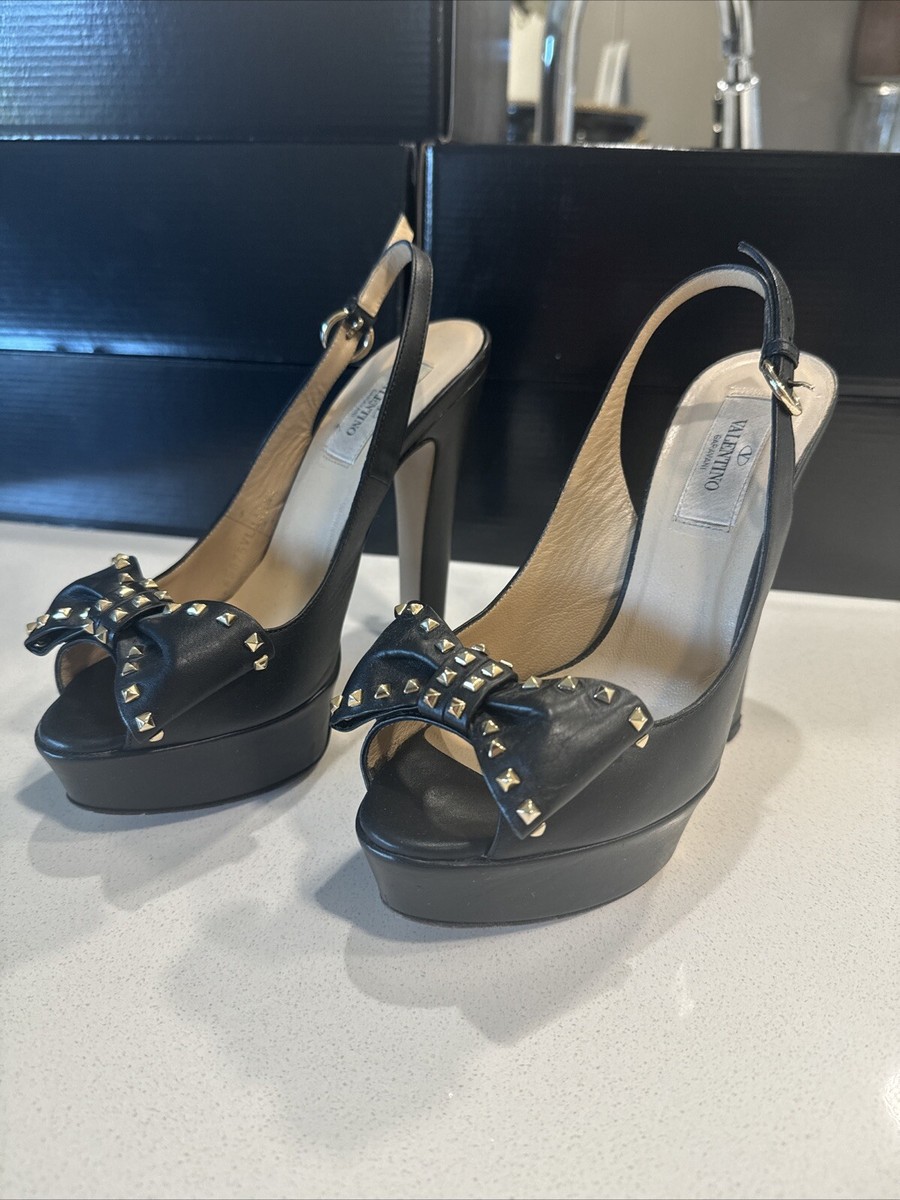 Valentino Rockstud Pump Bow Leather Platform Slingback Black EU