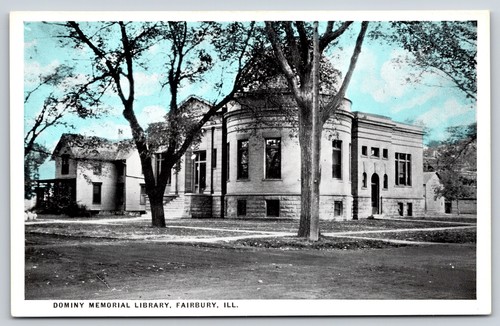 Fairbury Illinois~Dominy Memorial Library~1920s Blue Sky Postcard