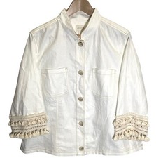 Chico's Jacket Women  s 3 Sz 16 White Cream 3/4 sleeves crochet Pom Cuffs Linen