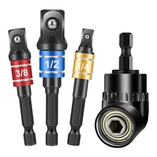 105 Degree Right Angle Drill Bit + 1/4" 3/8" 1/2" Hex Shank Socket Adapter Set