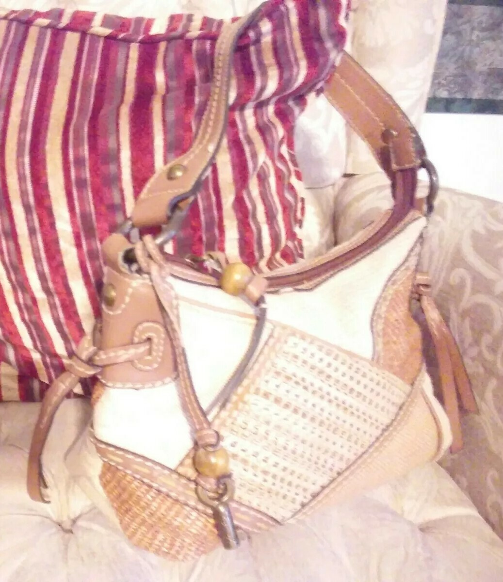 Fossil Multi Colored Brown/Tan Patchwork Knit Tot… - image 1