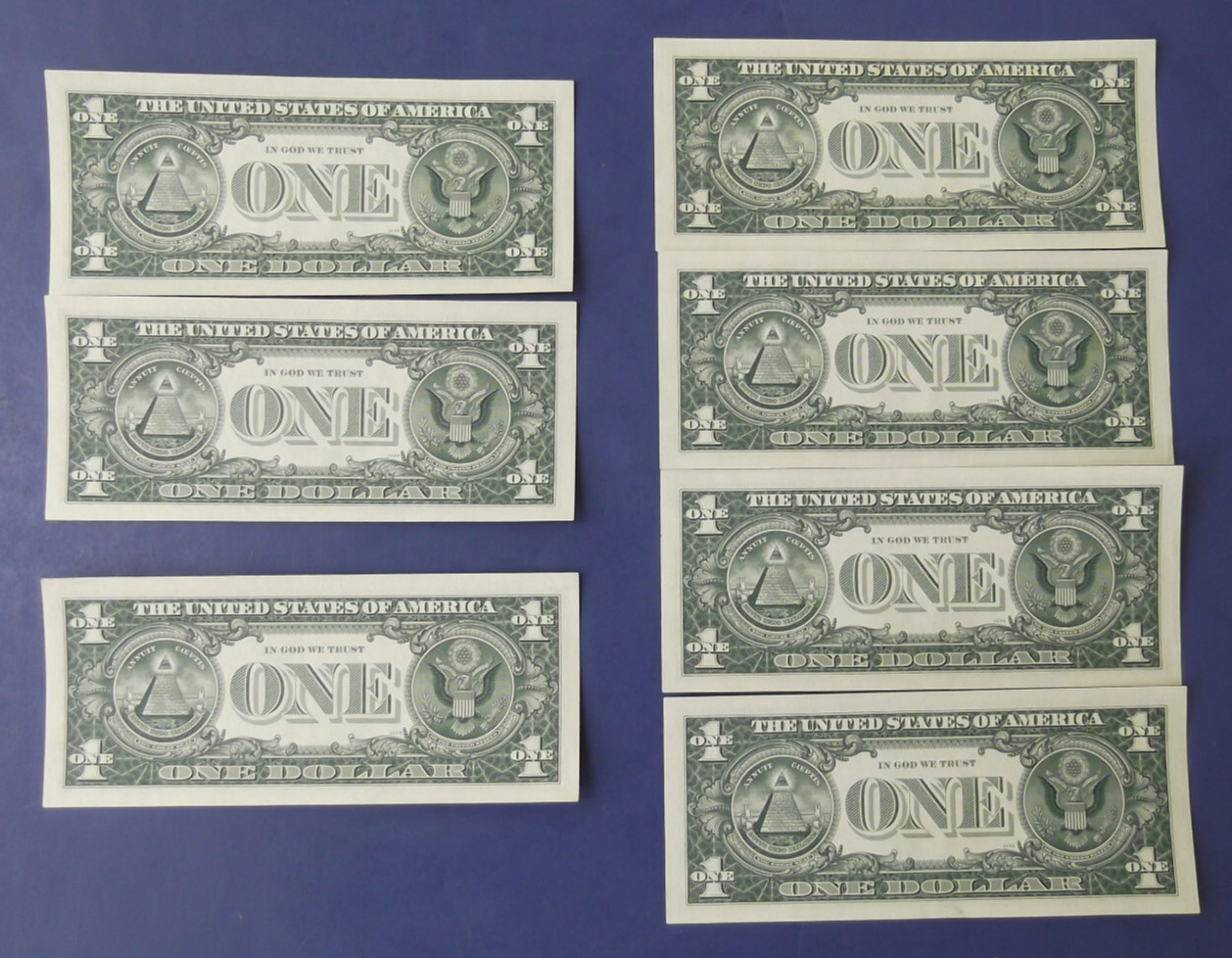Seven Uncirculated 1963 B One Dollar Barr Notes - 2 and 4 Consecutive